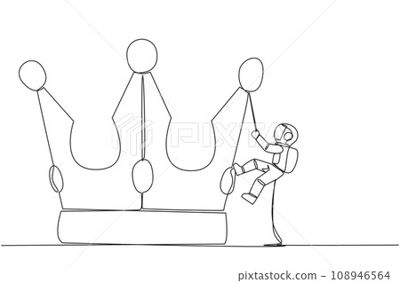 Single continuous line drawing young astronaut climbing crown with rope. Prepare for a better life by working hard to achieve the highest position. The hard worker. One line design vector illustration Single continuous line drawing young astronaut climbing crown with rope. Prepare for a better life by working hard to achieve the highest position. The hard worker. One line design vector illustration 108946564