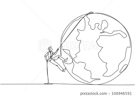 Continuous one line drawing businessman climbing globe with rope. Trying dominate world with massive business expansion. Success reach top of the world. Single line draw design vector illustration 108946591