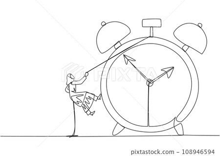 Single one line drawing Arab businesswoman climbs alarm clock with rope. Work carefully to complete each task. Work perfectly without any errors. Work hard. Continuous line design graphic illustration Single one line drawing Arab businesswoman climbs alarm clock with rope. Work carefully to complete each task. Work perfectly without any errors. Work hard. Continuous line design graphic illustration 108946594