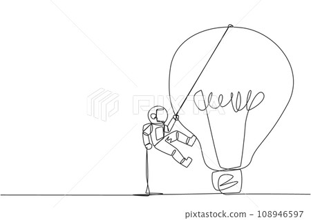 Single one line drawing astronaut climbing lightbulb with rope. Trying to reach high places to get useful fresh ideas. For the company's benefit. Work hard. Continuous line design graphic illustration Single one line drawing astronaut climbing lightbulb with rope. Trying to reach high places to get useful fresh ideas. For the company's benefit. Work hard. Continuous line design graphic illustration 108946597