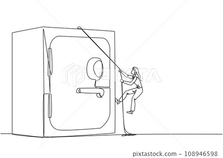 Continuous one line drawing businesswoman climbs safe deposit box with the rope. Helps secure important company data. Stored in a safe and trusted place. Single line draw design vector illustration Continuous one line drawing businesswoman climbs safe deposit box with the rope. Helps secure important company data. Stored in a safe and trusted place. Single line draw design vector illustration 108946598