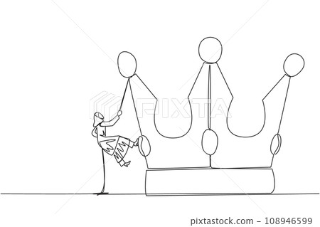 Single continuous line drawing Arabian businesswoman climbs the crown with rope. Prepare for better life by working hard to achieve highest position. Hard worker. One line design vector illustration Single continuous line drawing Arabian businesswoman climbs the crown with rope. Prepare for better life by working hard to achieve highest position. Hard worker. One line design vector illustration 108946599