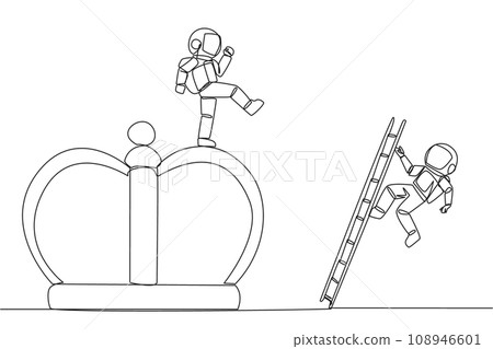 Single one line drawing astronaut kicks opponent who is climbing the crown with a ladder. Making rivals fall from the business glory. Unhealthy competition. Continuous line design graphic illustration Single one line drawing astronaut kicks opponent who is climbing the crown with a ladder. Making rivals fall from the business glory. Unhealthy competition. Continuous line design graphic illustration 108946601