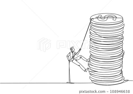 Single one line drawing businessman climbs stack of coins with rope. The entrepreneur trying hard climbing the rope to reach top of coins. Better future. Continuous line design graphic illustration Single one line drawing businessman climbs stack of coins with rope. The entrepreneur trying hard climbing the rope to reach top of coins. Better future. Continuous line design graphic illustration 108946638