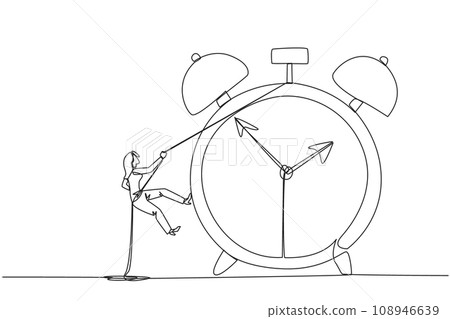 Single continuous line drawing businesswoman climbing alarm clock with rope. Work carefully to complete each task. Works perfectly. Without any errors. Deadline. One line design vector illustration 108946639