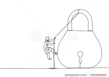 Single continuous line drawing Arab businesswoman climbs padlock with rope. Do the best to privatize business. Sole owner. The result of smart hard work. Work hard. One line design vector illustration Single continuous line drawing Arab businesswoman climbs padlock with rope. Do the best to privatize business. Sole owner. The result of smart hard work. Work hard. One line design vector illustration 108946640