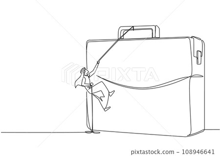 Continuous one line drawing Arab businessman climbs briefcase with rope. Metaphor for building business from scratch. Growing and having many relationships. Single line draw design vector illustration Continuous one line drawing Arab businessman climbs briefcase with rope. Metaphor for building business from scratch. Growing and having many relationships. Single line draw design vector illustration 108946641