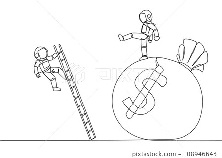 Single one line drawing astronaut kicks opponent who is climbing the money bag with a ladder. Cheated by a business partner. Unprofitable business. Rival. Continuous line design graphic illustration 108946643