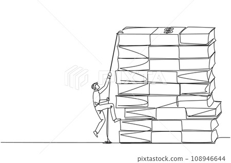 Single continuous line drawing businessman climbs stack of banknotes with rope. The hard worker to raise capital to create a new business. For better future life. One line design vector illustration Single continuous line drawing businessman climbs stack of banknotes with rope. The hard worker to raise capital to create a new business. For better future life. One line design vector illustration 108946644