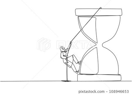Single one line drawing Arab businesswoman climbs hourglass with rope. Countdown is set. Deadline is coming soon. Time management must be good. Work smart. Continuous line design graphic illustration Single one line drawing Arab businesswoman climbs hourglass with rope. Countdown is set. Deadline is coming soon. Time management must be good. Work smart. Continuous line design graphic illustration 108946653