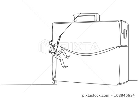 Single one line drawing businessman climbs briefcase with rope. A metaphor for building a business from scratch. Growing and having many relationships. Continuous line design graphic illustration Single one line drawing businessman climbs briefcase with rope. A metaphor for building a business from scratch. Growing and having many relationships. Continuous line design graphic illustration 108946654