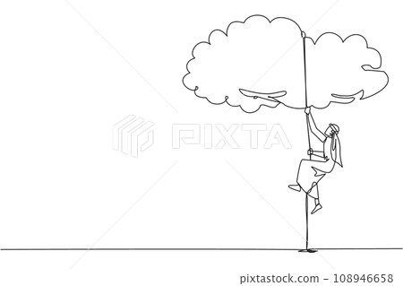 Continuous one line drawing Arab businessman climbing clouds with rope. A metaphor for hanging dreams sky high. Ultimate success. Hard worker. Work smarter. Single line draw design vector illustration Continuous one line drawing Arab businessman climbing clouds with rope. A metaphor for hanging dreams sky high. Ultimate success. Hard worker. Work smarter. Single line draw design vector illustration 108946658