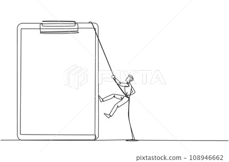 Continuous one line drawing businessman climbing clipboard with rope. Extra effort to work on reports optimally. The final report is awaited. Work hard. Single line draw design vector illustration Continuous one line drawing businessman climbing clipboard with rope. Extra effort to work on reports optimally. The final report is awaited. Work hard. Single line draw design vector illustration 108946662