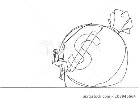 Single continuous line drawing Arabian businessman climbing money bag with rope. Work harder to get very large retirement fund. Bring out abilities to the maximum. One line design vector illustration Single continuous line drawing Arabian businessman climbing money bag with rope. Work harder to get very large retirement fund. Bring out abilities to the maximum. One line design vector illustration 108946664
