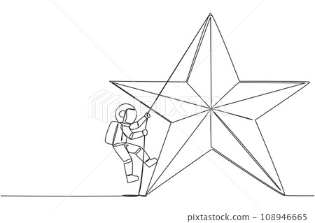 Single one line drawing young astronaut climbing star with the rope. Entrepreneurs strive extra hard to reach the goals hang in the stars. Dream come true. Continuous line design graphic illustration Single one line drawing young astronaut climbing star with the rope. Entrepreneurs strive extra hard to reach the goals hang in the stars. Dream come true. Continuous line design graphic illustration 108946665