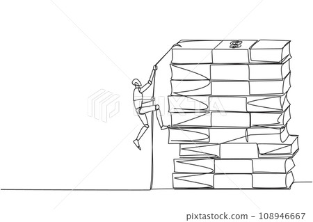 Single one line drawing smart robot climbs stack of banknotes with rope. The hard worker to raise capital to create a new business. For better future life. Continuous line design graphic illustration Single one line drawing smart robot climbs stack of banknotes with rope. The hard worker to raise capital to create a new business. For better future life. Continuous line design graphic illustration 108946667