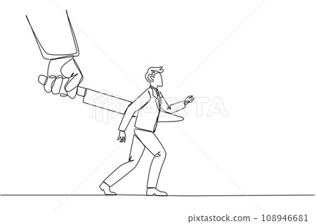 Single continuous line drawing businessman stabbed in the back by a large knife. Cheated to ruin by a business partner. An enemy disguised as a friend. The traitor. One line design vector illustration 108946681