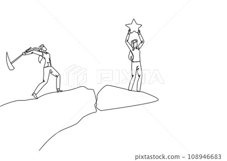 Single continuous line drawing businesswoman standing on the edge of a cliff holding up a star. The hypocrite partner want to destroy the achievement. The traitor. One line design vector illustration Single continuous line drawing businesswoman standing on the edge of a cliff holding up a star. The hypocrite partner want to destroy the achievement. The traitor. One line design vector illustration 108946683