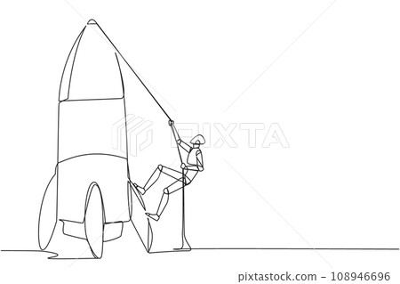 Continuous one line drawing smart robot climbs rocket with rope. Set the intention to open a new branch. Work hard to expand the business. Smart hard work. Single line draw design vector illustration Continuous one line drawing smart robot climbs rocket with rope. Set the intention to open a new branch. Work hard to expand the business. Smart hard work. Single line draw design vector illustration 108946696