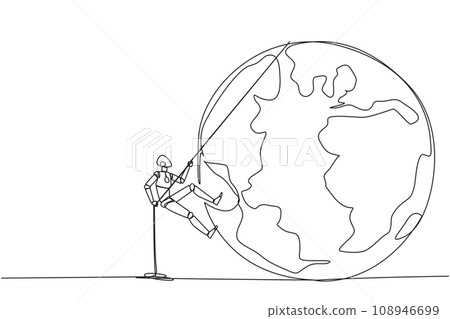 Single continuous line drawing smart robot climbing globe with the rope. Trying dominate the world with massive business expansion. Success reach top of the world. One line design vector illustration Single continuous line drawing smart robot climbing globe with the rope. Trying dominate the world with massive business expansion. Success reach top of the world. One line design vector illustration 108946699