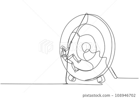 Continuous one line drawing the robot climbs arrow board target with rope. Struggle very persistently to achieve the best. Smart work that produces results. Single line draw design vector illustration Continuous one line drawing the robot climbs arrow board target with rope. Struggle very persistently to achieve the best. Smart work that produces results. Single line draw design vector illustration 108946702