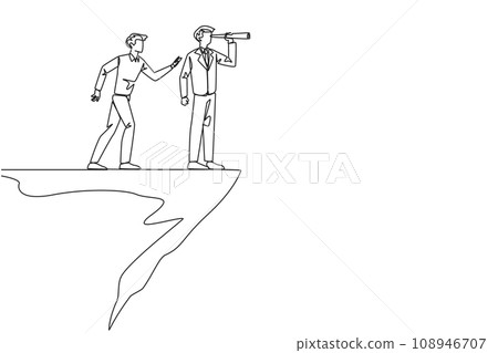 Continuous one line drawing businessman monitoring something at the edge of cliff using binocular. Monitoring business. Taken down by traitor from behind. Single line draw design vector illustration Continuous one line drawing businessman monitoring something at the edge of cliff using binocular. Monitoring business. Taken down by traitor from behind. Single line draw design vector illustration 108946707