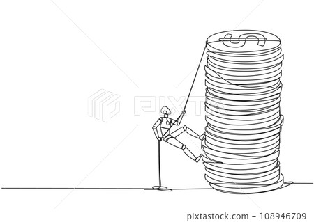 Single one line drawing smart robot climbs stack of coins with rope. The entrepreneur trying hard climbing the rope to reach top of coins. Smart hard work. Continuous line design graphic illustration Single one line drawing smart robot climbs stack of coins with rope. The entrepreneur trying hard climbing the rope to reach top of coins. Smart hard work. Continuous line design graphic illustration 108946709