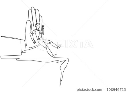 Single continuous line drawing businessman standing on the edge of a cliff. Something big wants to bring down the business. Invisible enemy. Bring down competitor. One line design vector illustration Single continuous line drawing businessman standing on the edge of a cliff. Something big wants to bring down the business. Invisible enemy. Bring down competitor. One line design vector illustration 108946713