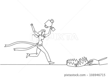 Continuous one line drawing businesswoman running with trophy. Dangerous business trap. Trap that really brings down business. Fake friend. Traitor. Rival. Single line draw design vector illustration 108946715