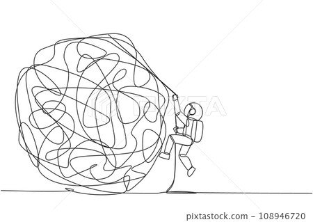 Single one line drawing young astronaut climbs heavy mess circle with the rope. Trying to lay anxiety at the feet. For clarity of thought. Smart work hard. Continuous line design graphic illustration Single one line drawing young astronaut climbs heavy mess circle with the rope. Trying to lay anxiety at the feet. For clarity of thought. Smart work hard. Continuous line design graphic illustration 108946720