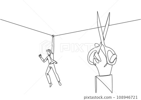 Single continuous line drawing businessman hanging from rope. A big hand that want to cut the rope. Maintaining a nearly useless business. Thwarted by traitors. One line design vector illustration Single continuous line drawing businessman hanging from rope. A big hand that want to cut the rope. Maintaining a nearly useless business. Thwarted by traitors. One line design vector illustration 108946721