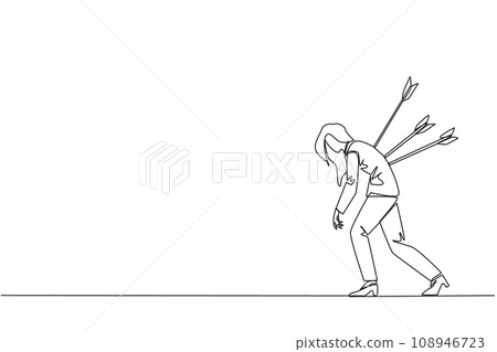 Single one line drawing businesswoman standing and several arrows stuck in the back. Attacked from behind. Destroyed and helpless. Fake partner. Traitor. Continuous line design graphic illustration Single one line drawing businesswoman standing and several arrows stuck in the back. Attacked from behind. Destroyed and helpless. Fake partner. Traitor. Continuous line design graphic illustration 108946723
