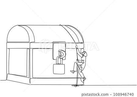 Single one line drawing Arab businesswoman climbs treasure chest with rope. Do the best business to achieve lots of rewards. Result of hard work. Work hard. Continuous line design graphic illustration Single one line drawing Arab businesswoman climbs treasure chest with rope. Do the best business to achieve lots of rewards. Result of hard work. Work hard. Continuous line design graphic illustration 108946740