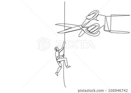 Single continuous line drawing businessman climbing rope. Metaphor of struggling to advance business. Business failed to develop. Sabotaged by business friends. One line design vector illustration Single continuous line drawing businessman climbing rope. Metaphor of struggling to advance business. Business failed to develop. Sabotaged by business friends. One line design vector illustration 108946742