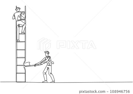 Single one line drawing businessman climbs the ladder to achieve the expected reward. Destroyed silently. Business failed to develop. Destroyed by traitors. Continuous line design graphic illustration 108946756