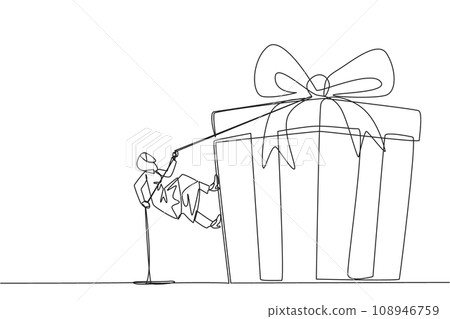 Continuous one line drawing Arab businesswoman climbs gift box with rope. Struggle persistently to achieve desired reward. Hard work. Sincere work. Smart. Single line draw design vector illustration Continuous one line drawing Arab businesswoman climbs gift box with rope. Struggle persistently to achieve desired reward. Hard work. Sincere work. Smart. Single line draw design vector illustration 108946759