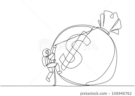 Continuous one line drawing astronaut climbing money bag with rope. Work harder to get a very large retirement fund. Bring out abilities to the maximum. Single line draw design vector illustration 108946762