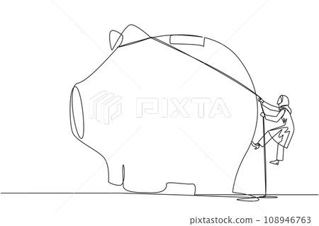 Continuous one line drawing Arab businesswoman climbs piggy bank with rope. Entrepreneur working hard make investment prepare for retirement. Smart worker. Single line draw design vector illustration Continuous one line drawing Arab businesswoman climbs piggy bank with rope. Entrepreneur working hard make investment prepare for retirement. Smart worker. Single line draw design vector illustration 108946763