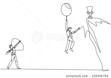 Single continuous line drawing businessman wants to achieve prizes at the peak of the career. Getting resistance from all directions. Painful failure. Traitor. One line design vector illustration Single continuous line drawing businessman wants to achieve prizes at the peak of the career. Getting resistance from all directions. Painful failure. Traitor. One line design vector illustration 108946764