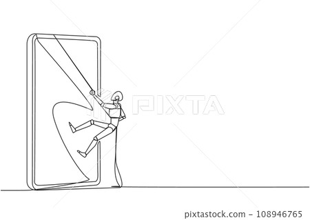 Single one line drawing smart robot climbing smartphone with rope. Improve business relationships. Massively contact old friends. Connected to each other. Continuous line design graphic illustration Single one line drawing smart robot climbing smartphone with rope. Improve business relationships. Massively contact old friends. Connected to each other. Continuous line design graphic illustration 108946765