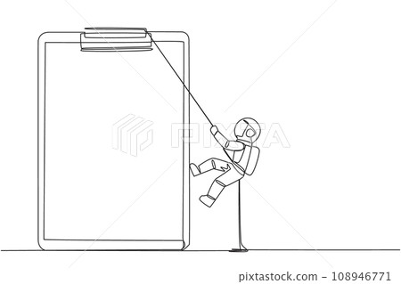 Continuous one line drawing young astronaut climbing clipboard with rope. Extra effort to work on reports optimally. The final report is awaited. Work hard. Single line draw design vector illustration Continuous one line drawing young astronaut climbing clipboard with rope. Extra effort to work on reports optimally. The final report is awaited. Work hard. Single line draw design vector illustration 108946771