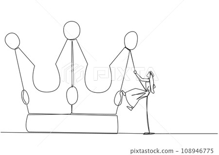 Continuous one line drawing Arabian businessman climbs crown with rope. Prepare for better life by working hard to achieve highest position. Hard worker. Single line draw design vector illustration Continuous one line drawing Arabian businessman climbs crown with rope. Prepare for better life by working hard to achieve highest position. Hard worker. Single line draw design vector illustration 108946775