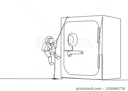 Single one line drawing young astronaut climbing safe deposit box with the rope. Helps secure important company data. Stored in a safe and trusted place. Continuous line design graphic illustration Single one line drawing young astronaut climbing safe deposit box with the rope. Helps secure important company data. Stored in a safe and trusted place. Continuous line design graphic illustration 108946776