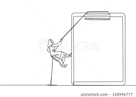 Continuous one line drawing Arabian businesswoman climbs clipboard with rope. Extra effort to work on reports optimally. Final report is awaited. Work hard. Single line draw design vector illustration Continuous one line drawing Arabian businesswoman climbs clipboard with rope. Extra effort to work on reports optimally. Final report is awaited. Work hard. Single line draw design vector illustration 108946777