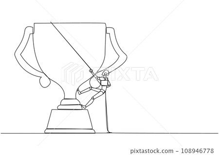 Single one line drawing smart robot climbing the trophy with the rope. Expanding branding by winning many awards. Connecting relationships. Mutual benefit. Continuous line design graphic illustration Single one line drawing smart robot climbing the trophy with the rope. Expanding branding by winning many awards. Connecting relationships. Mutual benefit. Continuous line design graphic illustration 108946778