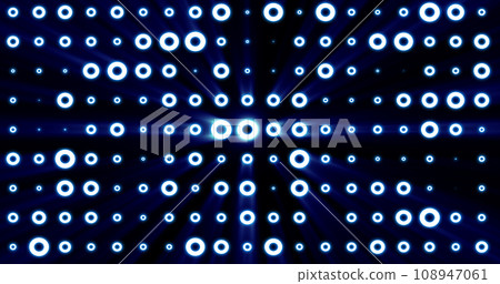 Abstract background of bright blue glowing light bulbs from circles and dots of energy magic disco wall Abstract background of bright blue glowing light bulbs from circles and dots of energy magic disco wall 108947061