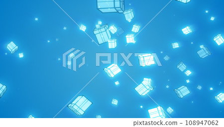 Christmas festive bright New Year background from gift boxes glowing winter beautiful falling flying pattern on blue background 108947062