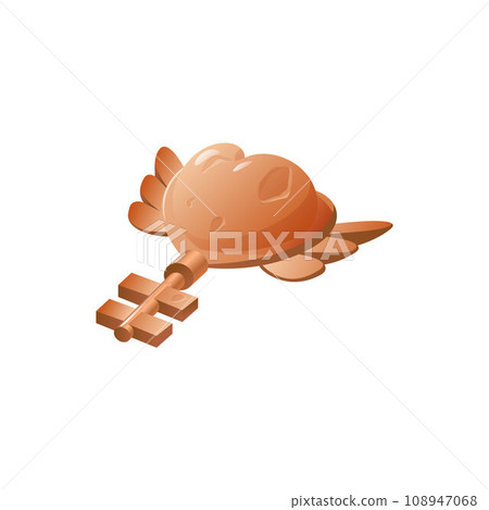 Bronze key with heart and wings decoration. 108947068
