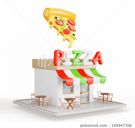 Isometric pizzeria restaurant building, fast food cafe shop 3d render. Italian bistro with tables and seating on street. Small business booth with pizza and striped canopy exterior. 3D illustration 108947306