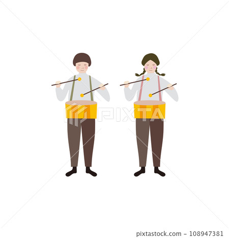 Full-body illustration of a boy and a girl playing a small drum in front 108947381